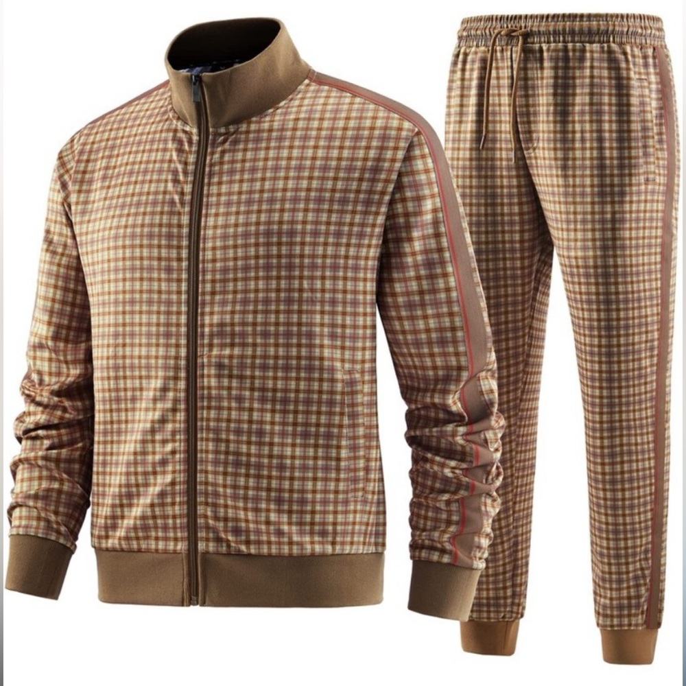 Plaid Stretchy Track Suit Jogger & Zipper Jacket Set Brown Taupe Tan Rust Beige